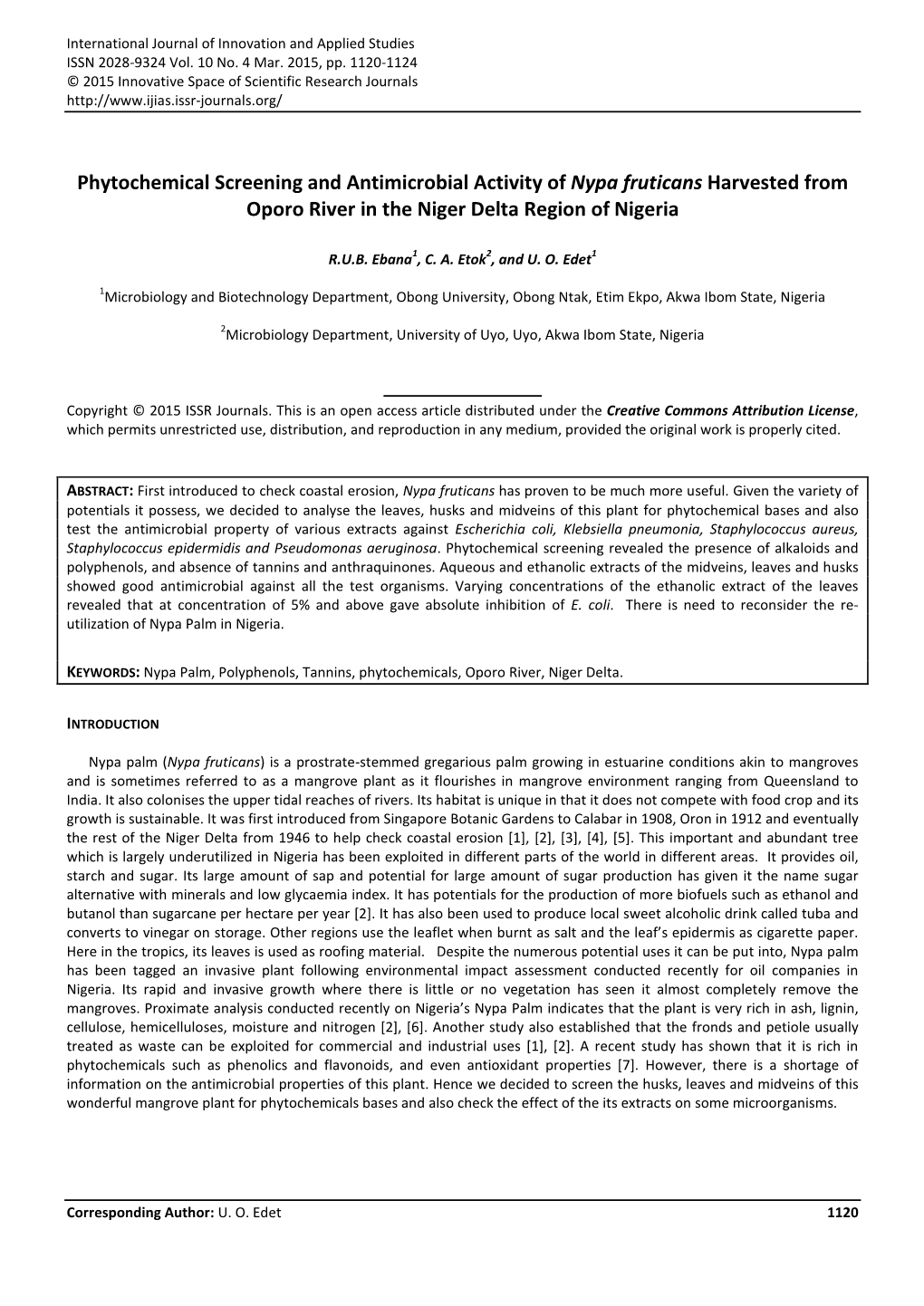 Phytochemical Screening and Antimicrobial Activity of Nypa Fruticans Harvested from Oporo River in the Niger Delta Region of Nigeria