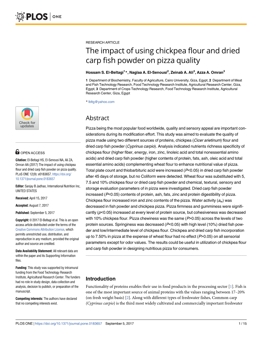 The Impact of Using Chickpea Flour and Dried Carp Fish Powder on Pizza Quality