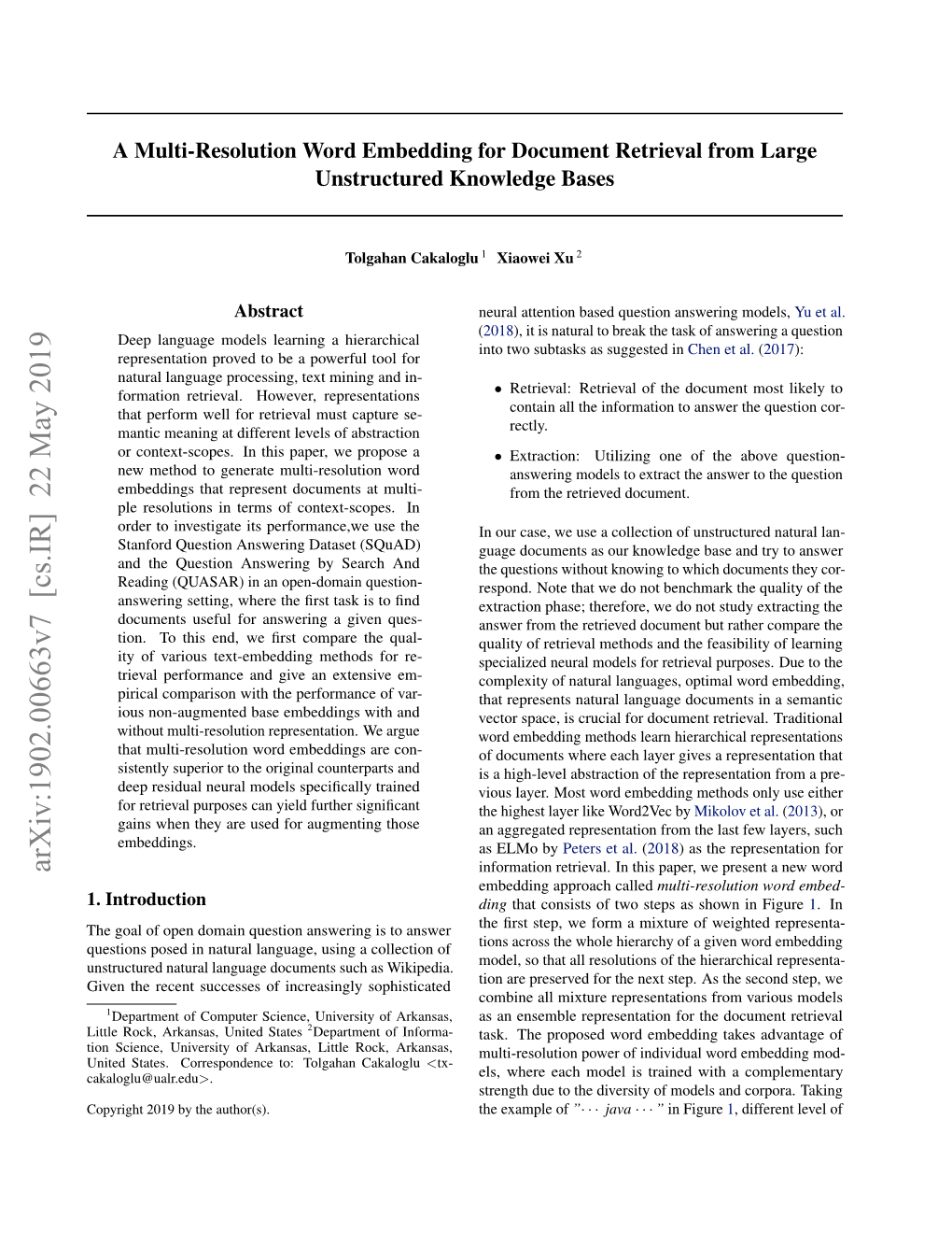 A Multi-Resolution Word Embedding for Document Retrieval from Large Unstructured Knowledge Bases