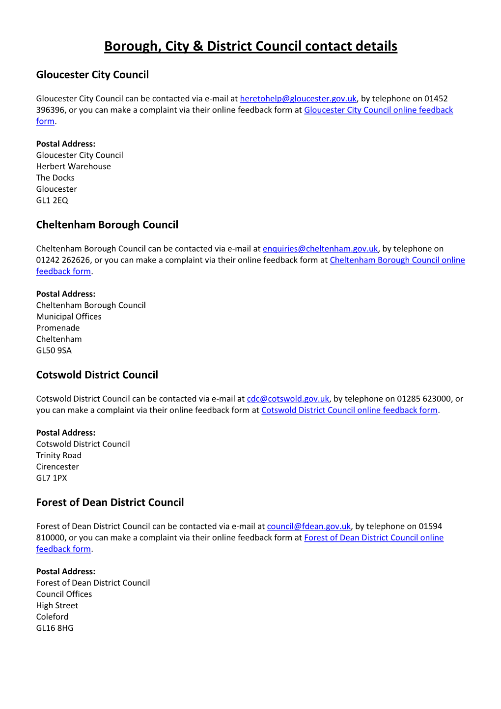 Borough, City & District Council Contact Details