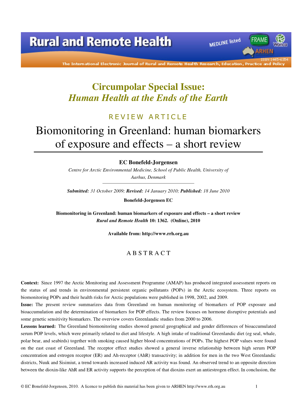 Biomonitoring in Greenland: Human Biomarkers of Exposure and Effects – a Short Review