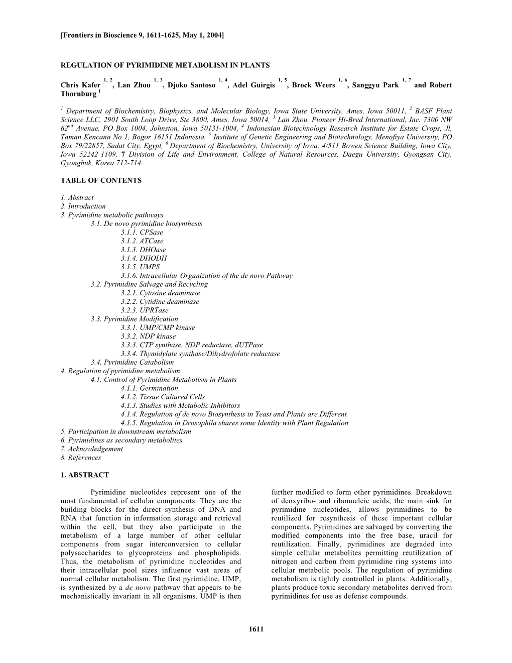 1611 REGULATION of PYRIMIDINE METABOLISM in PLANTS Chris