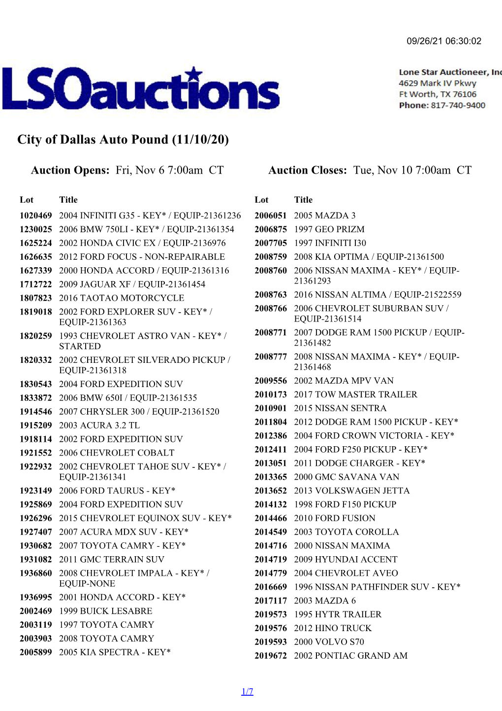 City of Dallas Auto Pound (11/10/20)