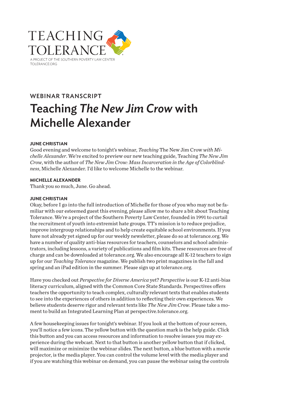 Teaching Tolerance a Project of the Southern Poverty Law Center Tolerance.Org