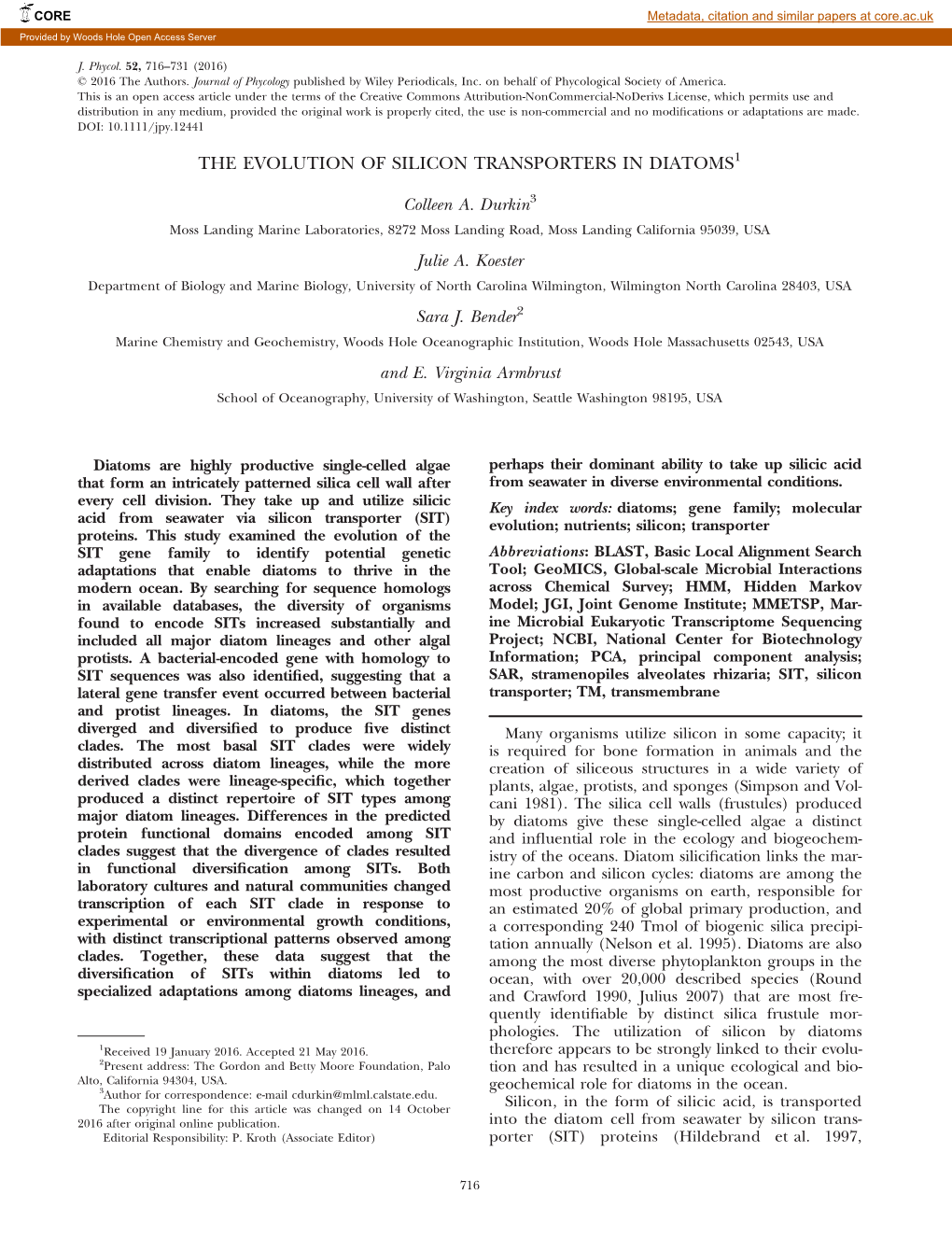 The Evolution of Silicon Transporters in Diatoms1