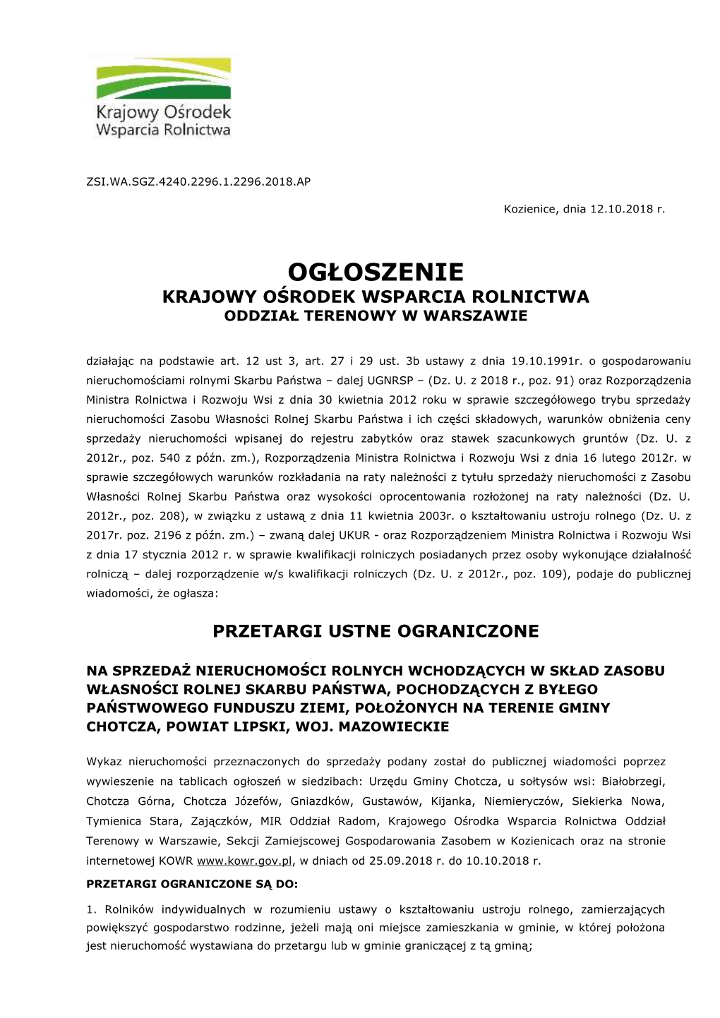 Ogłoszenie Krajowy Ośrodek Wsparcia Rolnictwa Oddział Terenowy W Warszawie