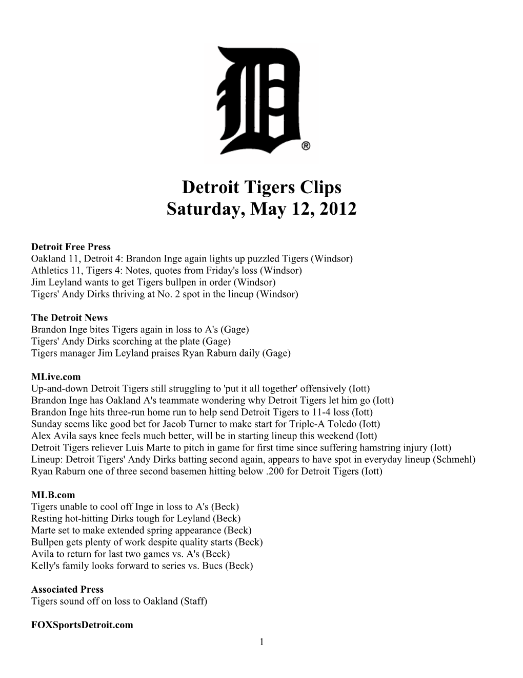 Detroit Tigers Clips Saturday, May 12, 2012