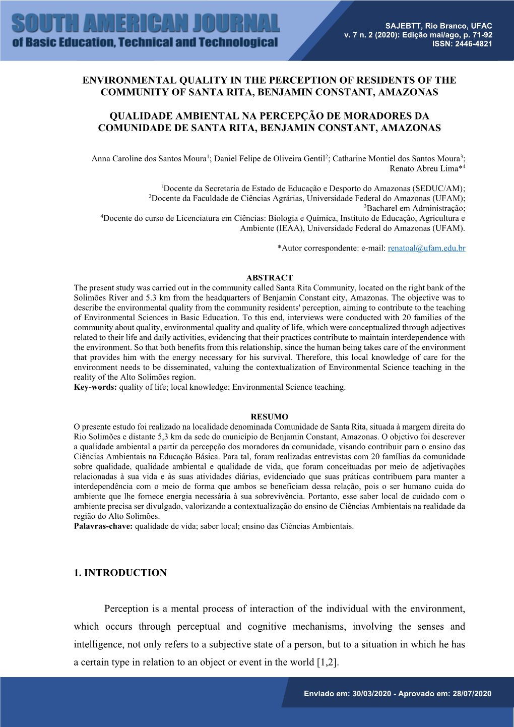 Environmental Quality in the Perception of Residents of the Community of Santa Rita, Benjamin Constant, Amazonas