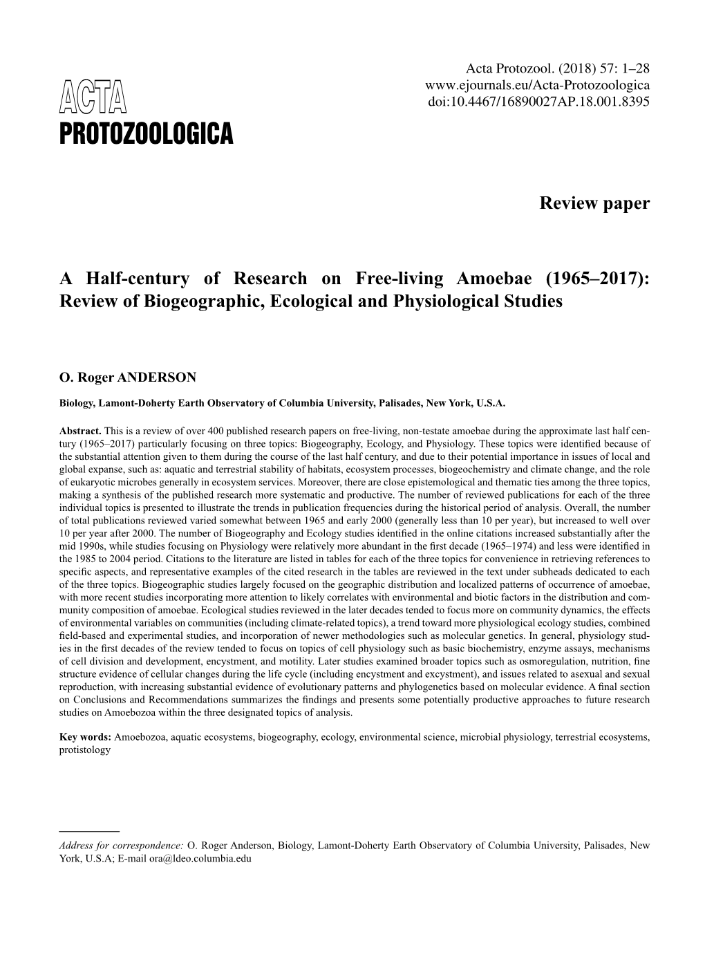 Protozoologica ACTA Doi:10.4467/16890027AP.18.001.8395 PROTOZOOLOGICA