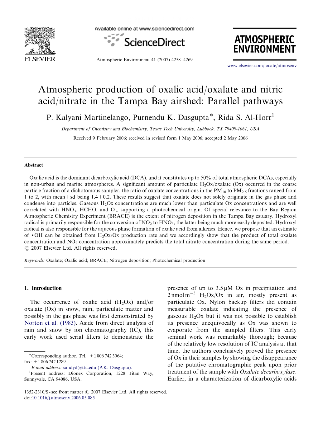 Atmospheric Production of Oxalic Acid/Oxalate and Nitric Acid/Nitrate in the Tampa Bay Airshed: Parallel Pathways