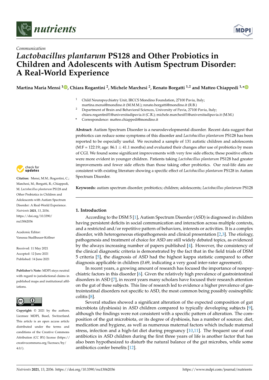 Lactobacillus Plantarum PS128 and Other Probiotics in Children and Adolescents with Autism Spectrum Disorder: a Real-World Experience