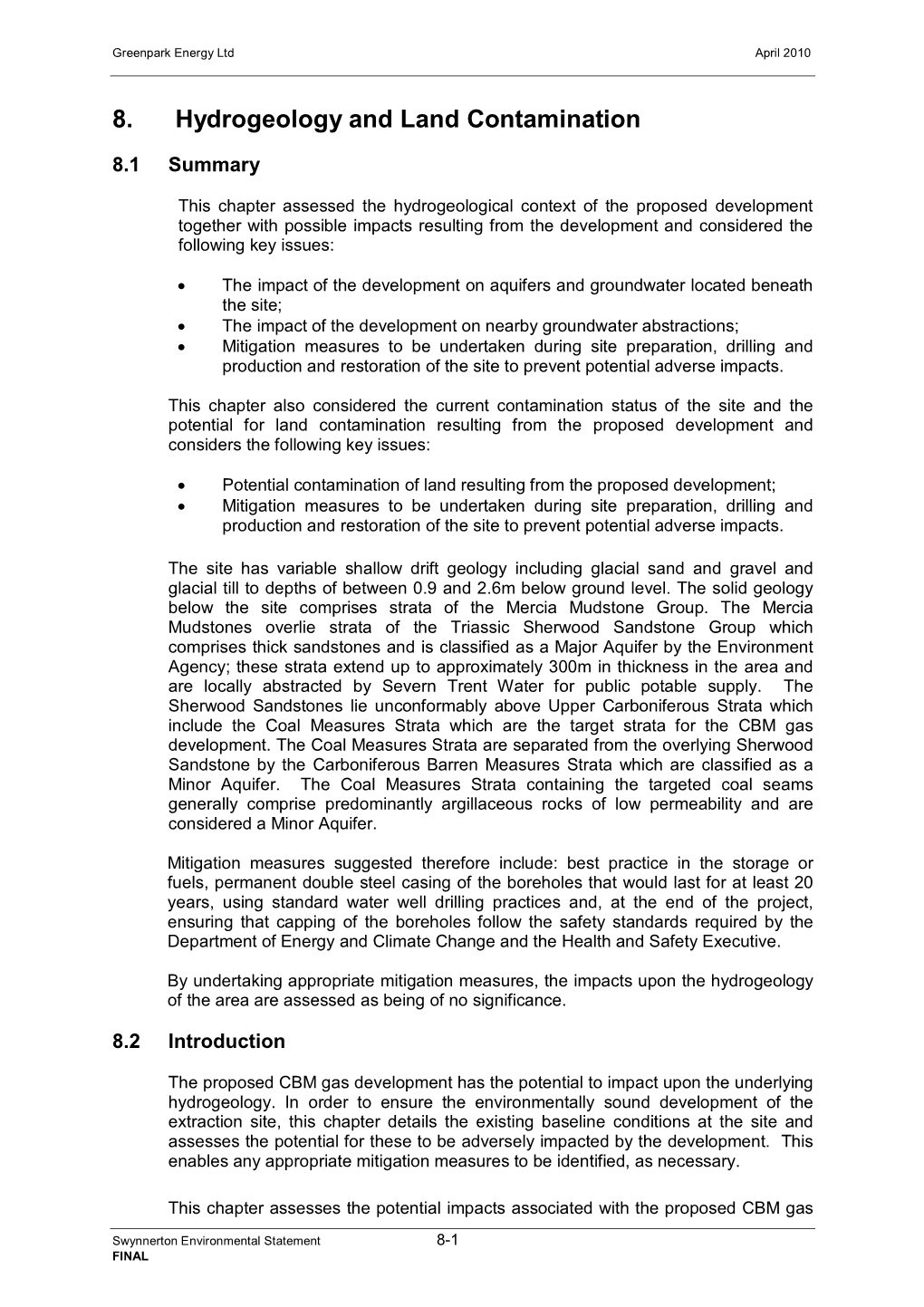 8. Hydrogeology and Land Contamination