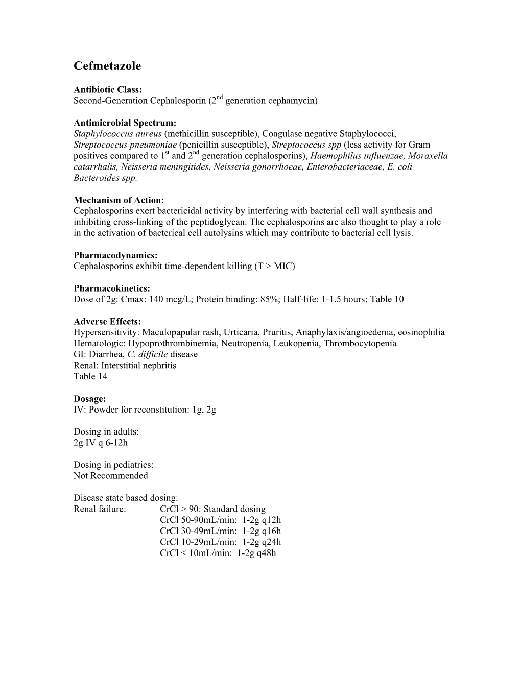 Cefmetazole Pop Up