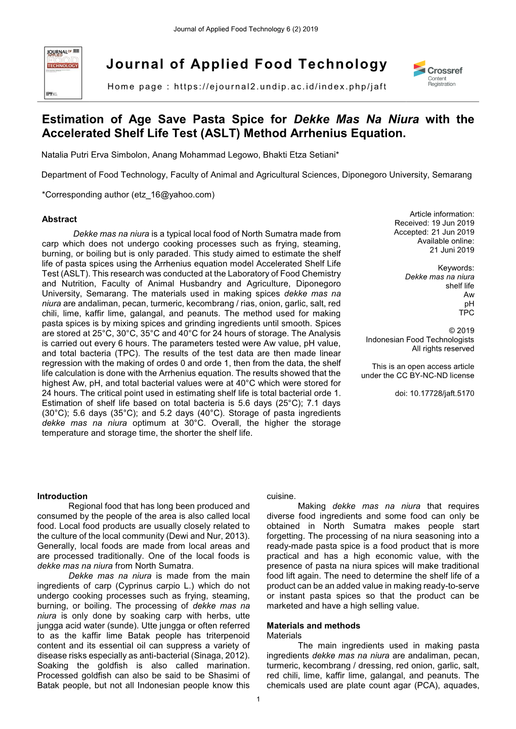 Journal of Applied Food Technology 6 (2) 2019