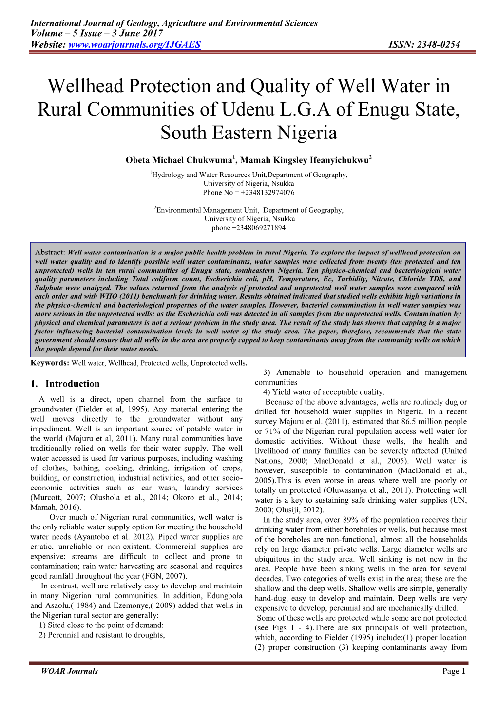 Wellhead Protection and Quality of Well Water in Rural Communities of Udenu L.G.A of Enugu State, South Eastern Nigeria