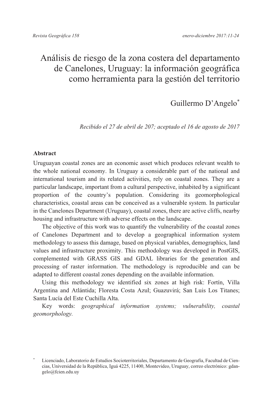 Análisis De Riesgo De La Zona Costera Del Departamento De Canelones, Uruguay: La Información Geográfica Como Herramienta Para La Gestión Del Territorio