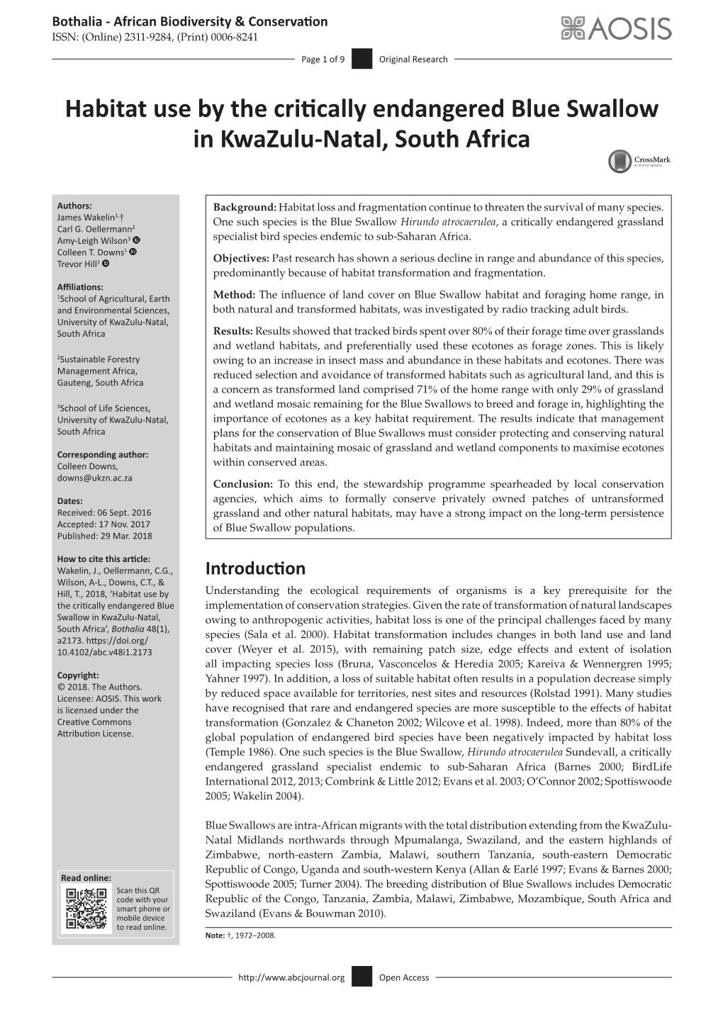 Habitat Use by the Critically Endangered Blue Swallow in Kwazulu-Natal, South Africa