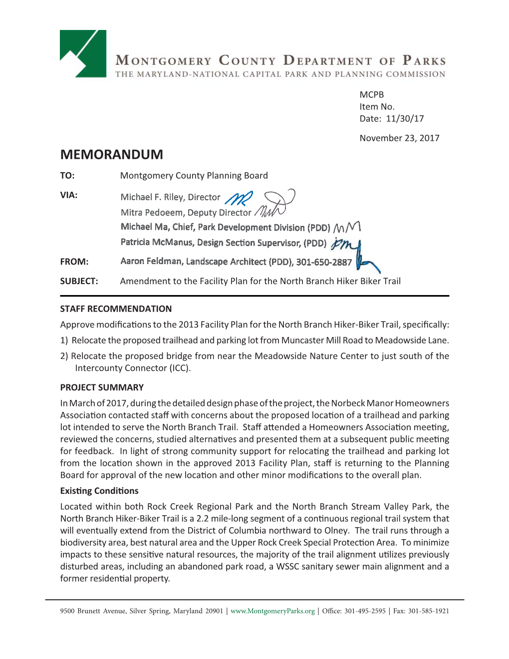 Amendment to the Facility Plan for the North Branch Hiker Biker Trail