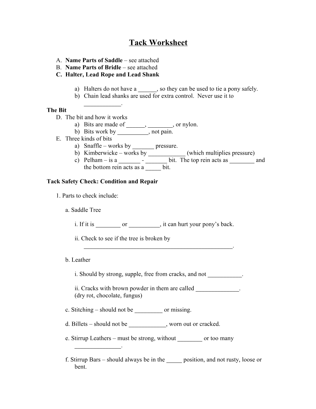 D-Level Tack Worksheet