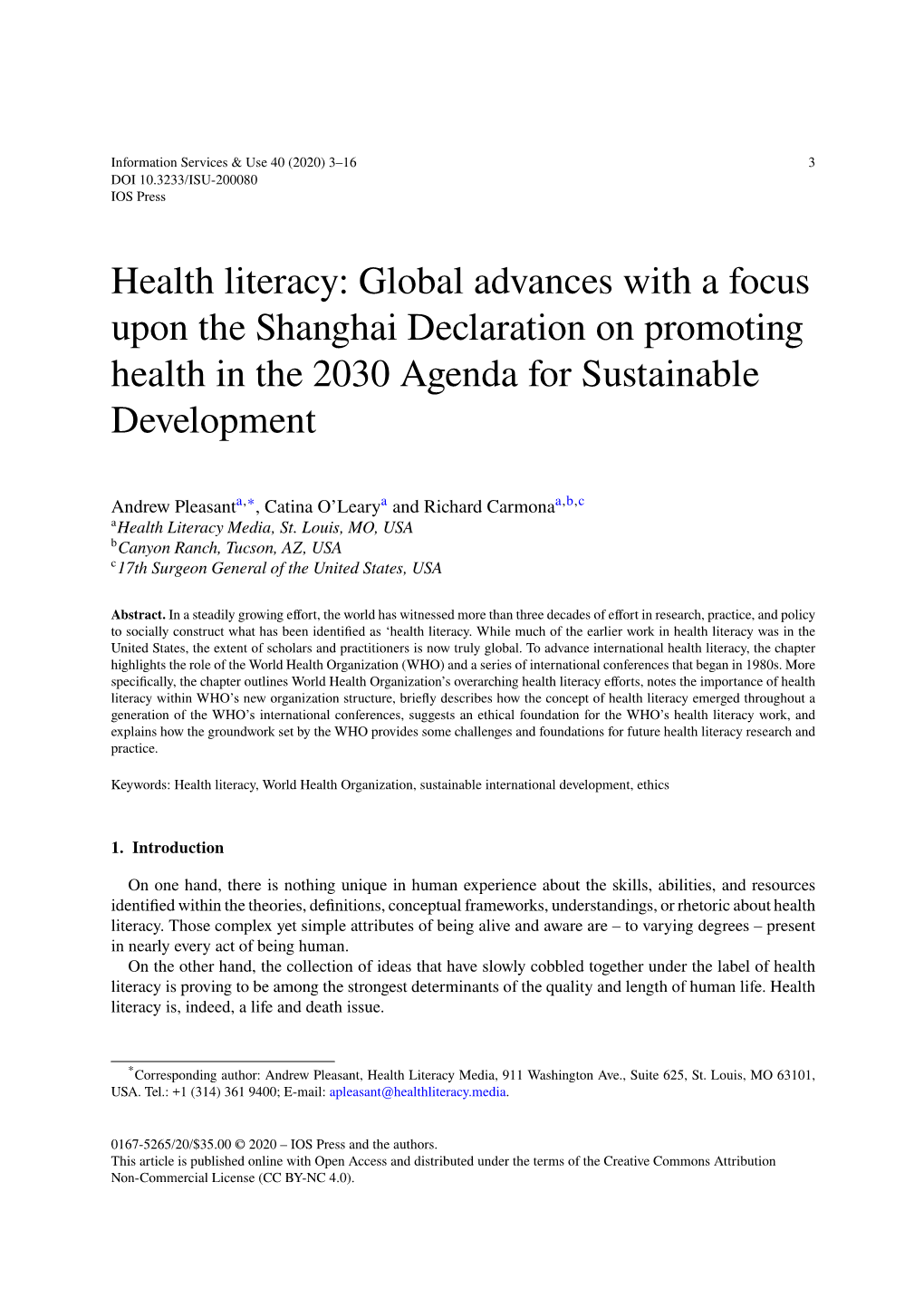Health Literacy: Global Advances with a Focus Upon the Shanghai Declaration on Promoting Health in the 2030 Agenda for Sustainable Development