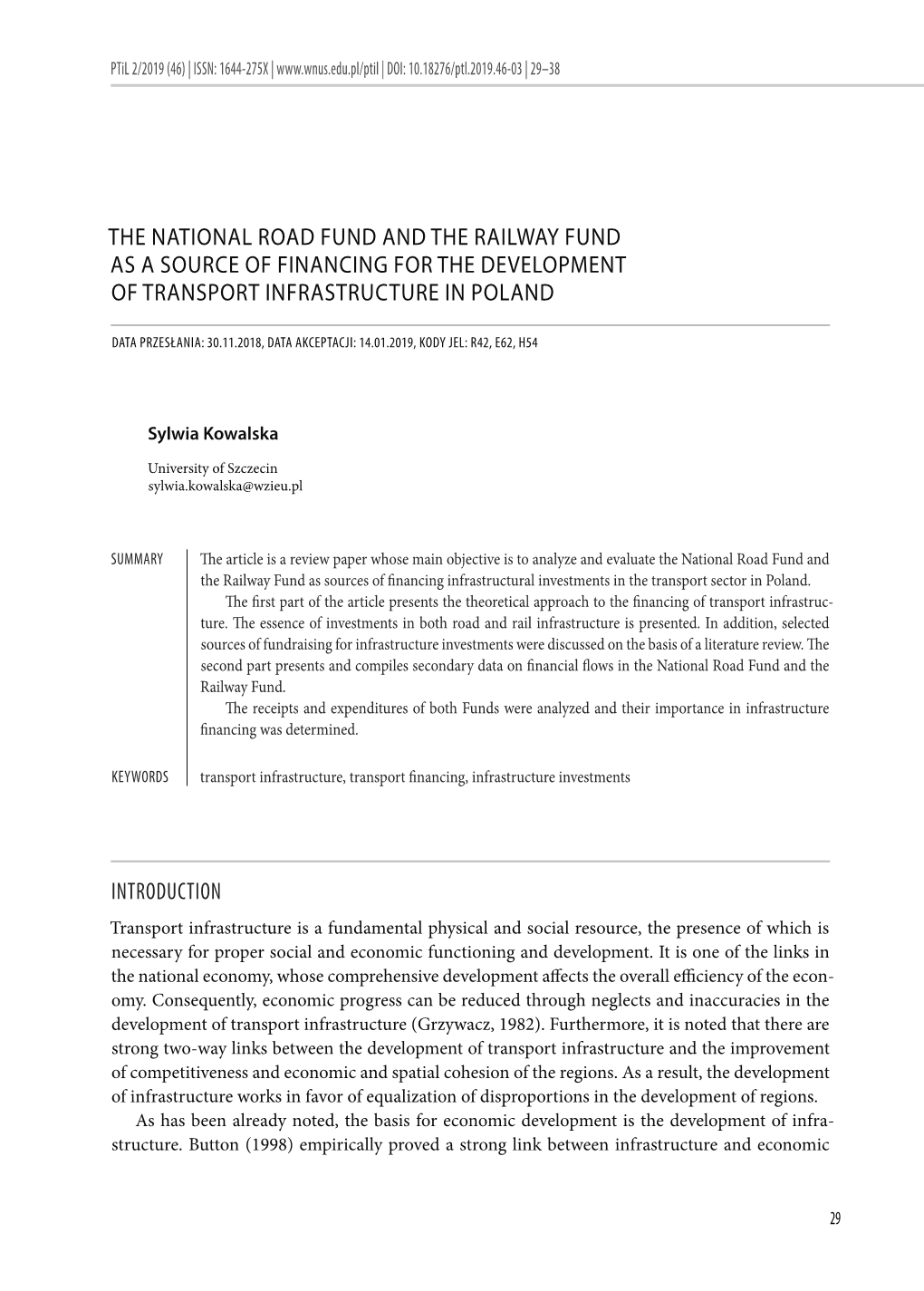 The National Road Fund and the Railway Fund As a Source of Financing for the Development of Transport Infrastructure in Poland