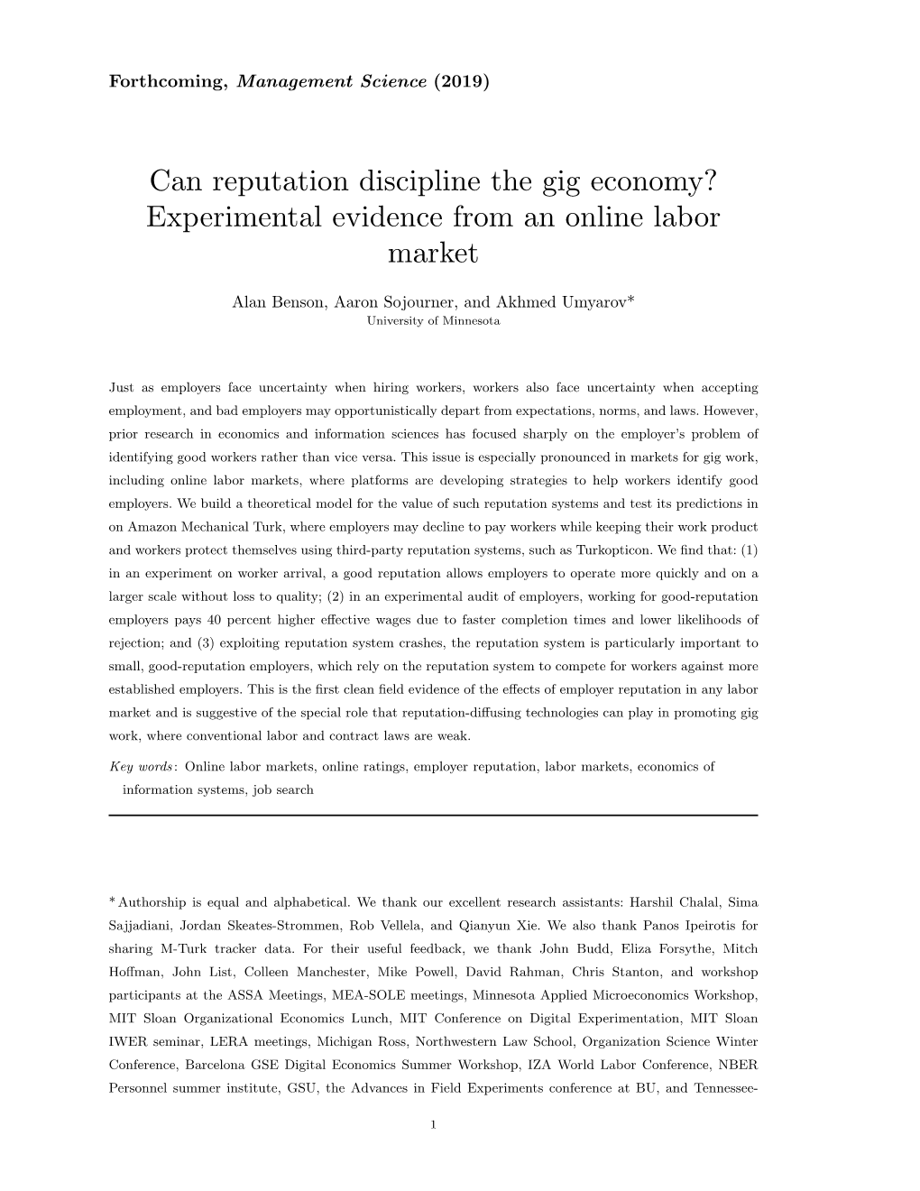 Can Reputation Discipline the Gig Economy? Experimental Evidence from an Online Labor Market