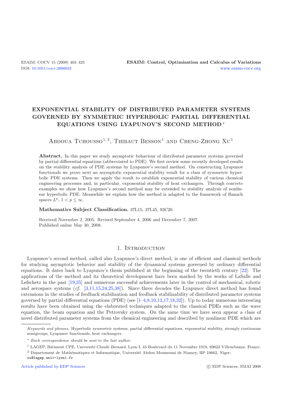 Exponential Stability of Distributed Parameter Systems Governed by Symmetric Hyperbolic Partial Differential Equations Using Lyapunov’S Second Method ∗