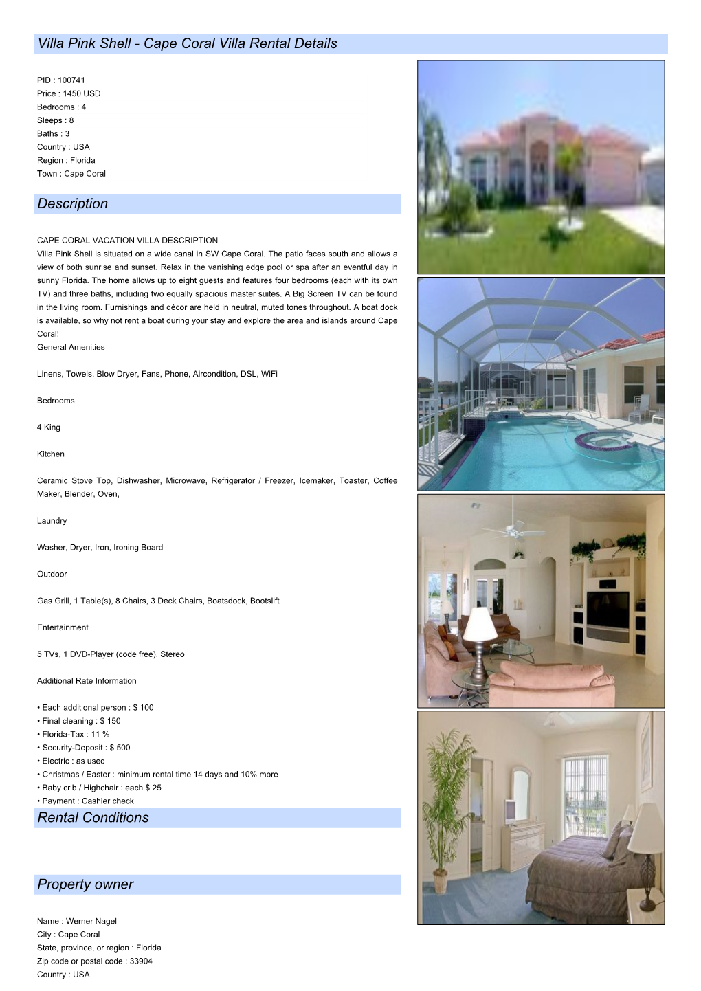 Villa Pink Shell - Cape Coral Villa Rental Details