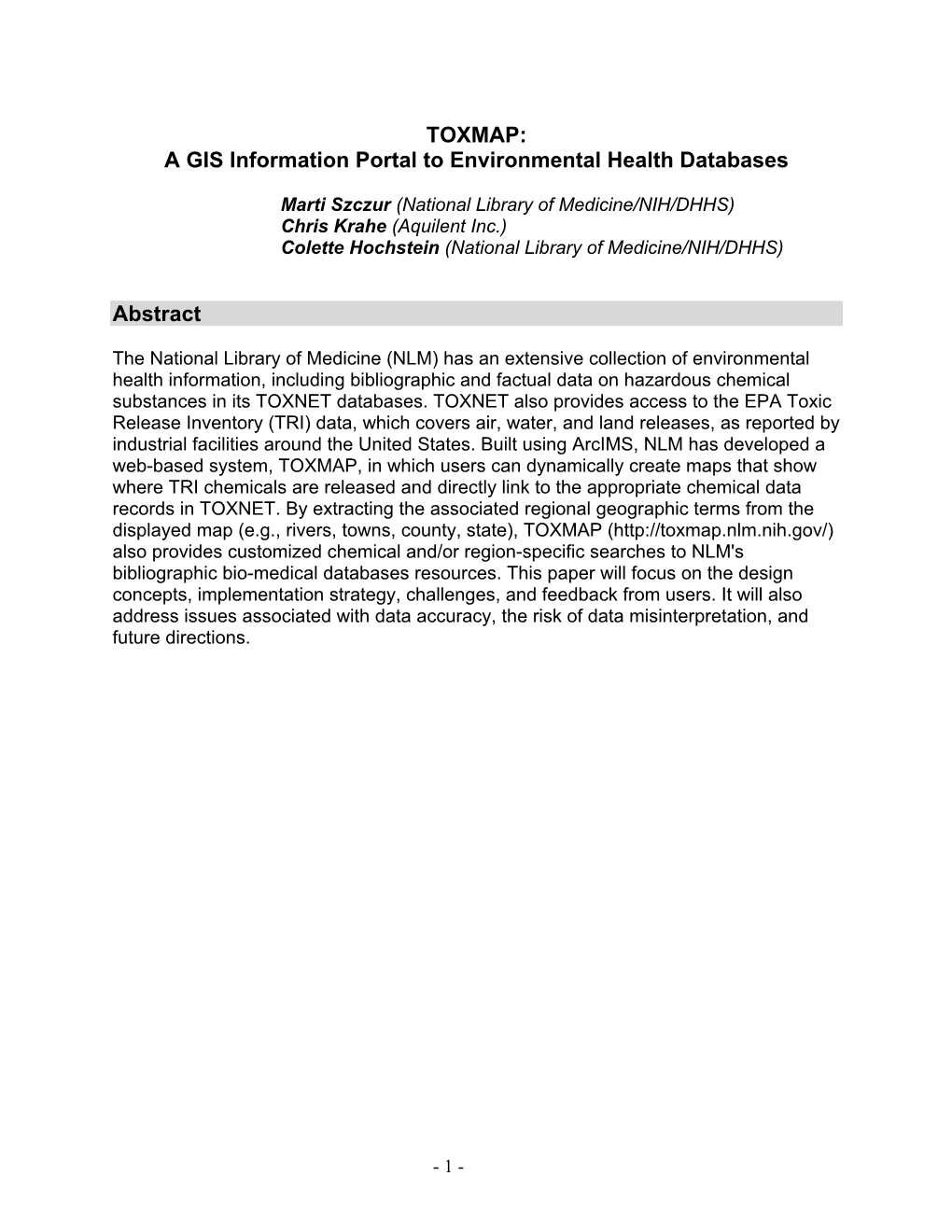 TOXMAP: a GIS Information Portal to Environmental Health Databases