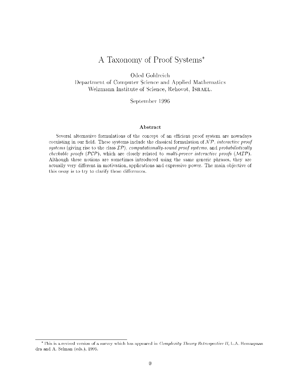 A Taxonomy of Proof Systems*