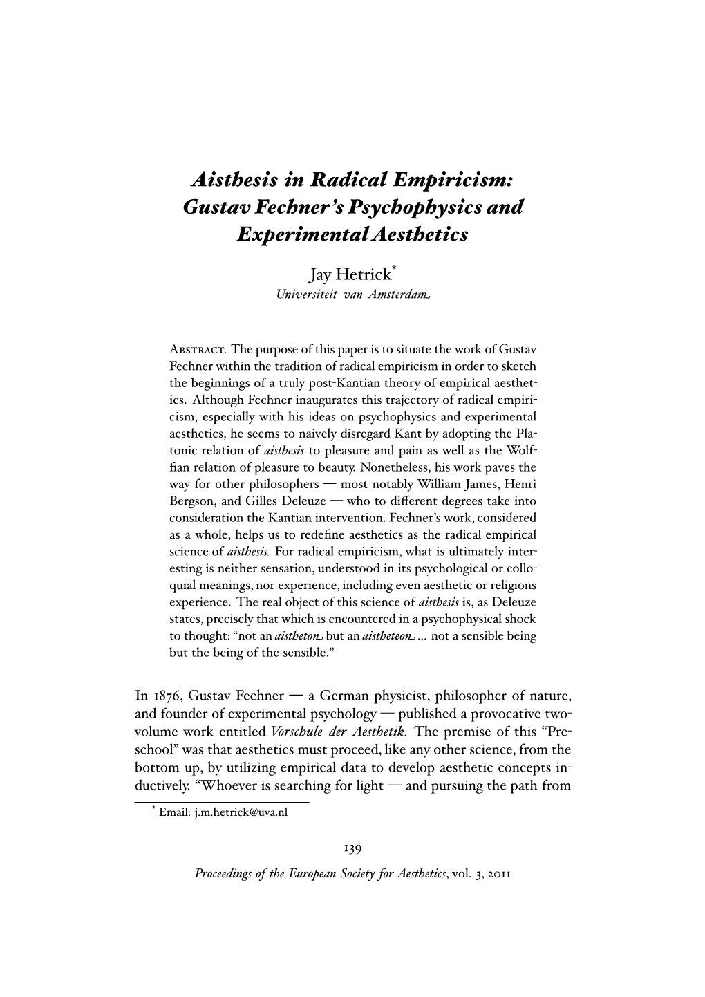 Aisthesis in Radical Empiricism: Gustav Fechner's Psychophysics