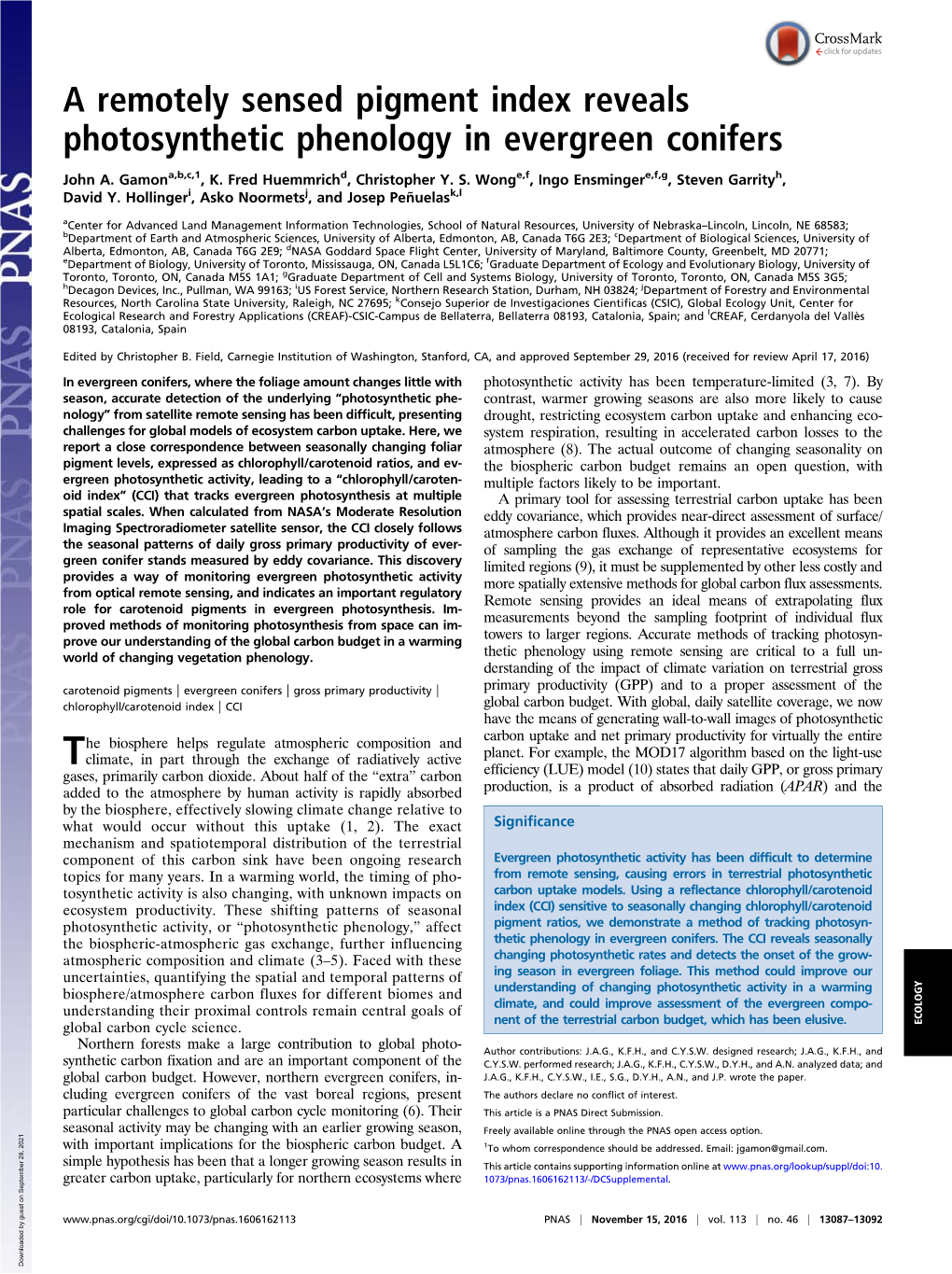 A Remotely Sensed Pigment Index Reveals Photosynthetic Phenology in Evergreen Conifers