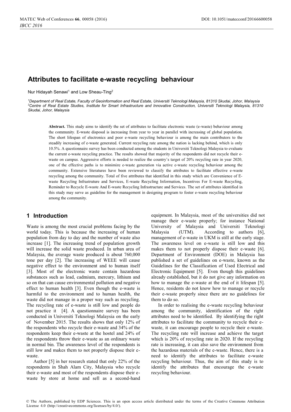 Attributes to Facilitate E-Waste Recycling Behaviour