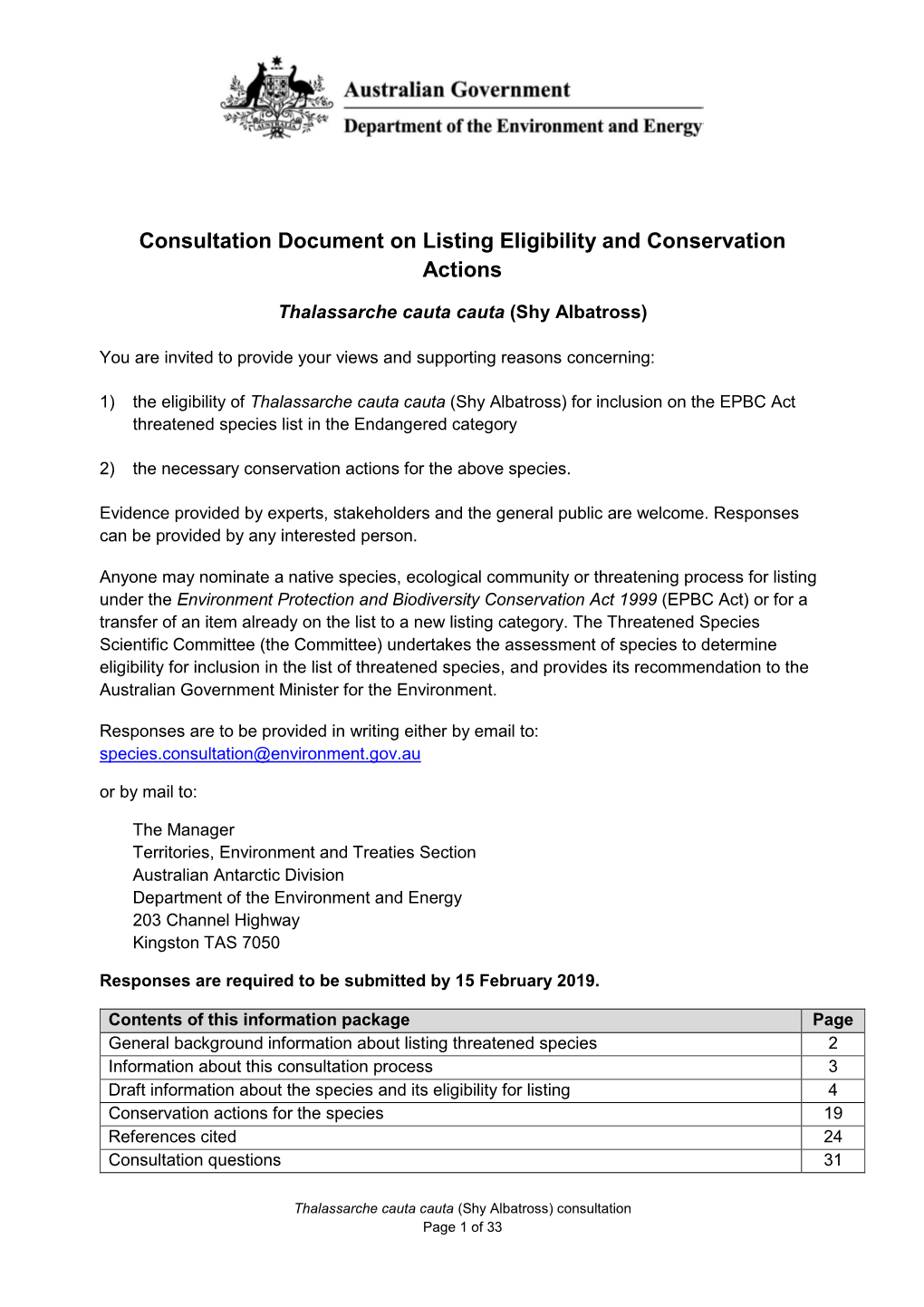 Consultation Document on Listing Eligibility and Conservation Actions Thalassarche Cauta Cauta (Shy Albatross)