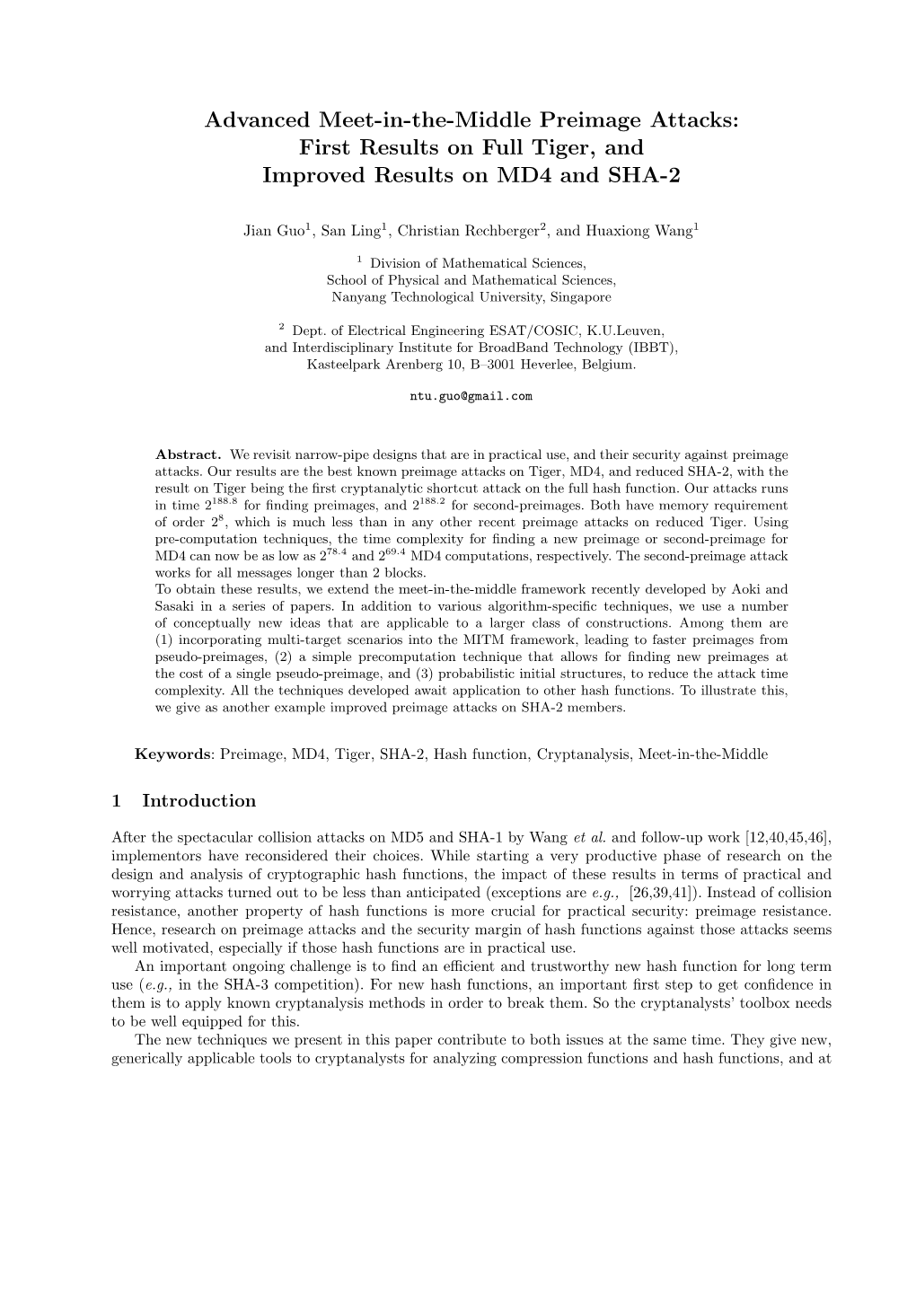 Advanced Meet-In-The-Middle Preimage Attacks: First Results on Full Tiger, and Improved Results on MD4 and SHA-2