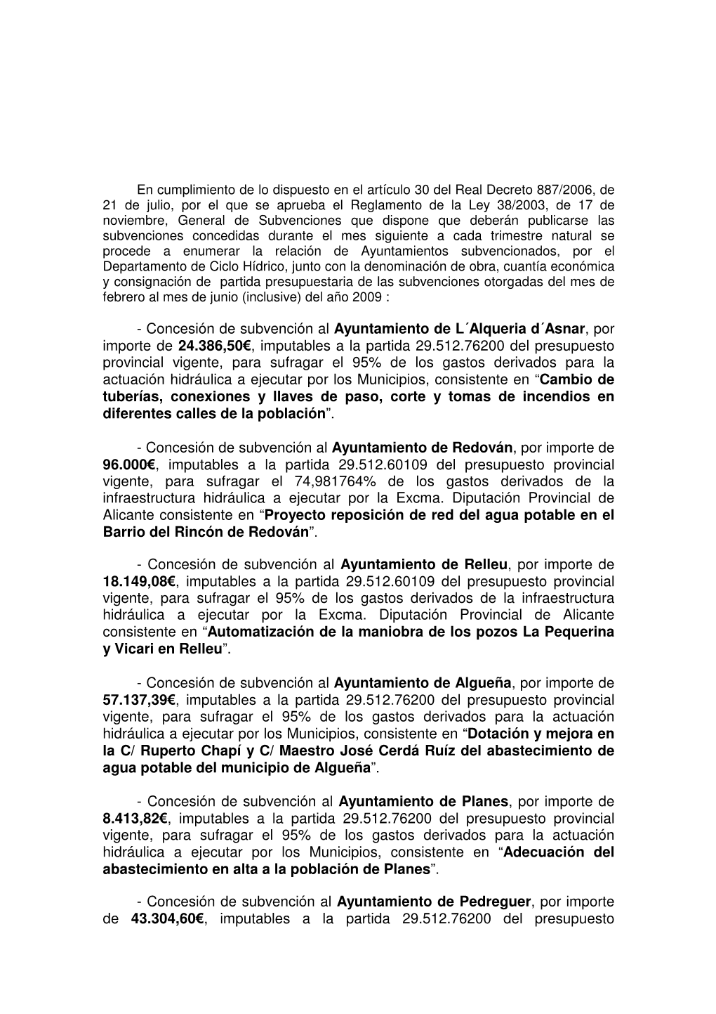 Concesión De Subvención Al Ayuntamiento De L´Alqueria D