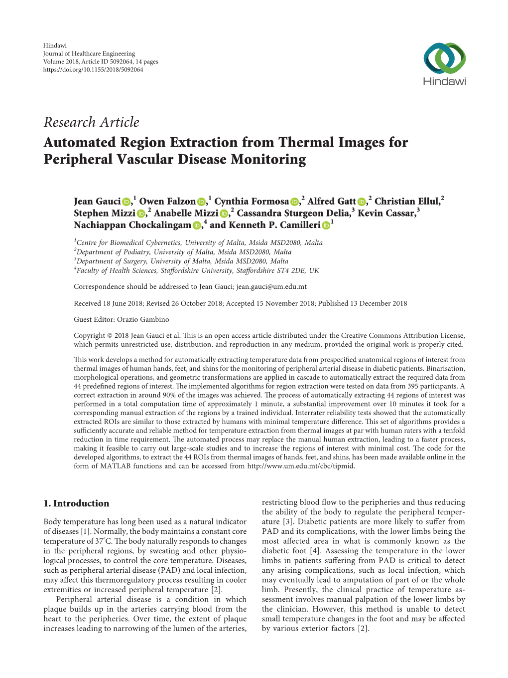 Research Article Automated Region Extraction from Thermal Images for Peripheral Vascular Disease Monitoring