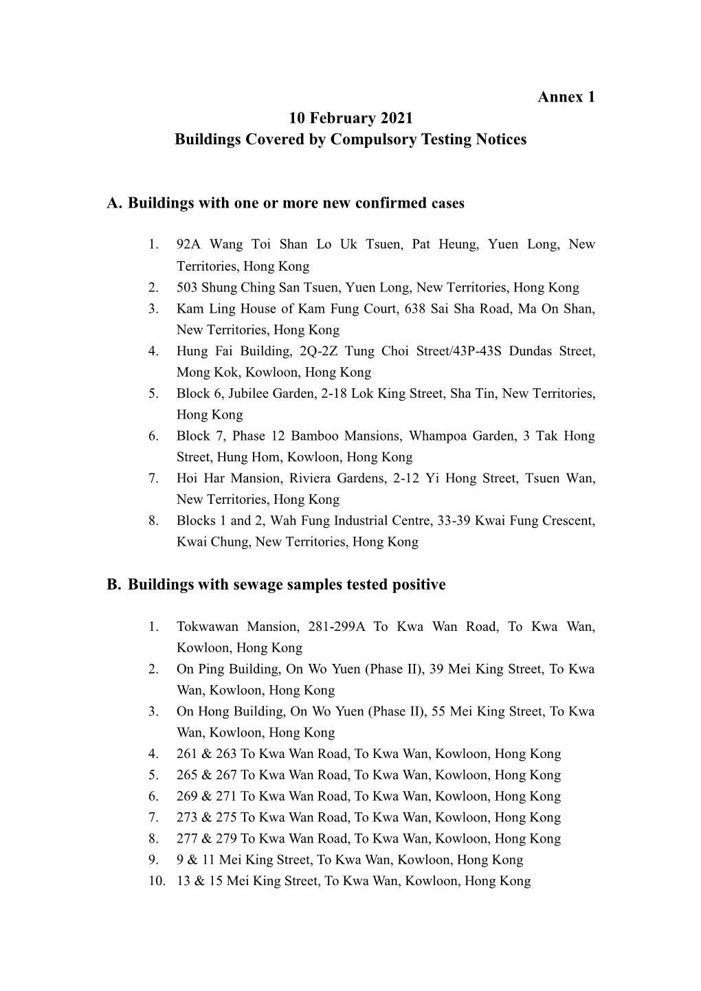 Annex 1 10 February 2021 Buildings Covered by Compulsory Testing Notices A. Buildings with One Or More New Confirmed Cases B. Bu