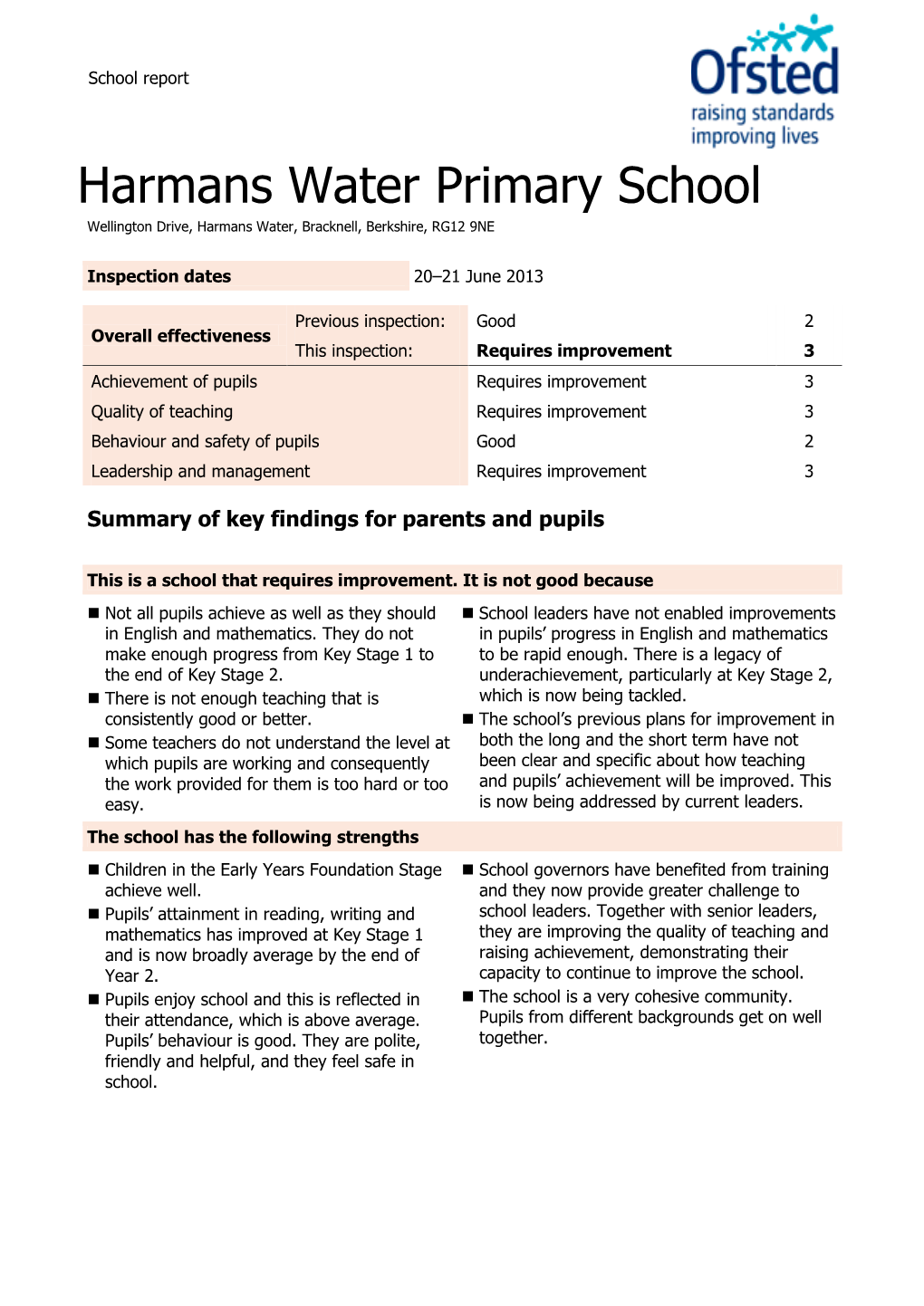 Harmans Water Primary School Wellington Drive, Harmans Water, Bracknell, Berkshire, RG12 9NE