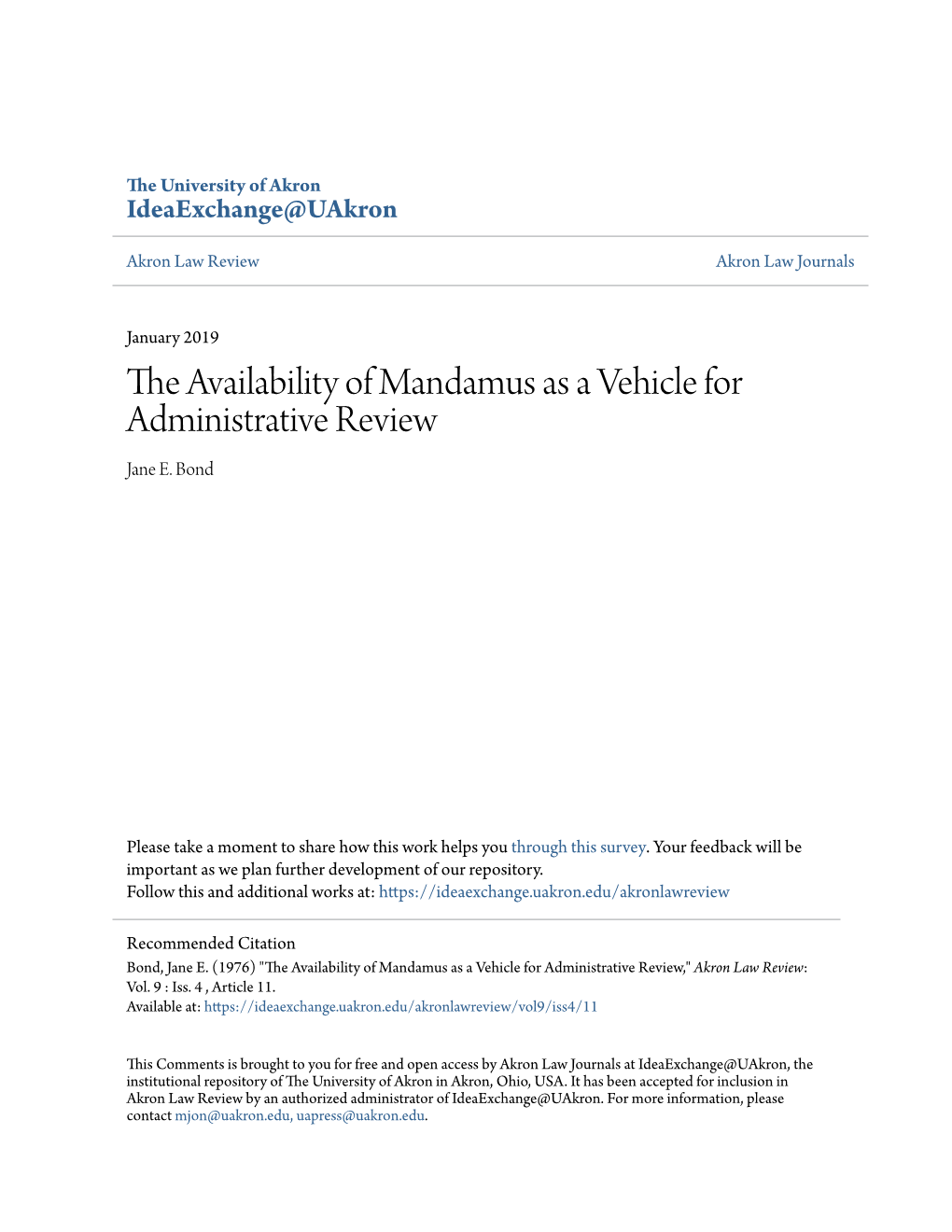 The Availability of Mandamus As a Vehicle for Administrative Review