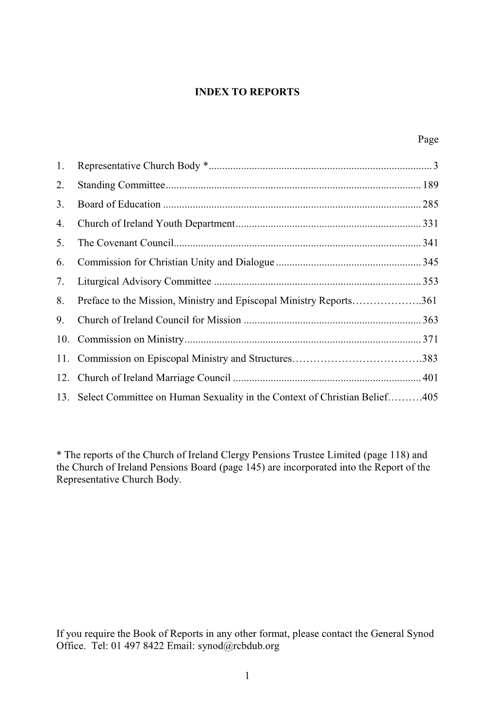 1 INDEX to REPORTS Page 1. Representative Church Body