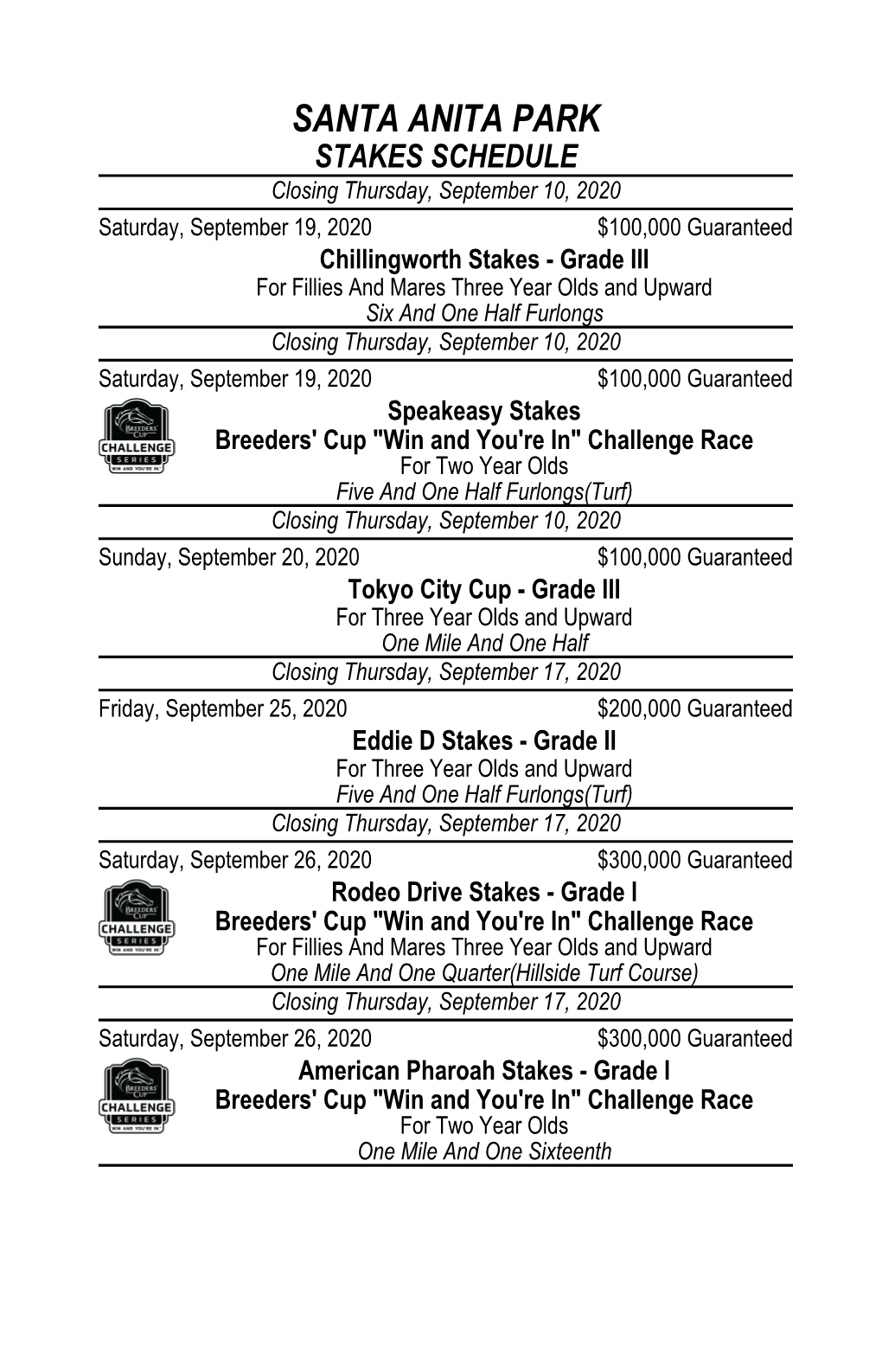 Sa Stakes Schedule Fall 2020