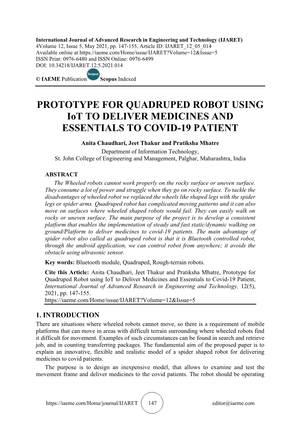 PROTOTYPE for QUADRUPED ROBOT USING Iot to DELIVER MEDICINES and ESSENTIALS to COVID-19 PATIENT