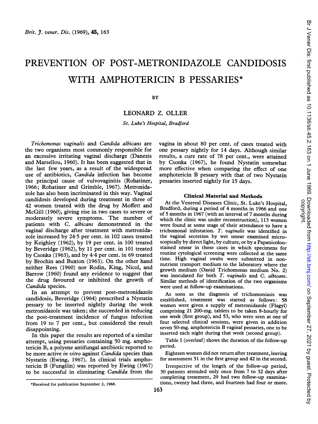 Prevention of Post-Metronidazole Candidosis with Amphotericin B Pessaries*