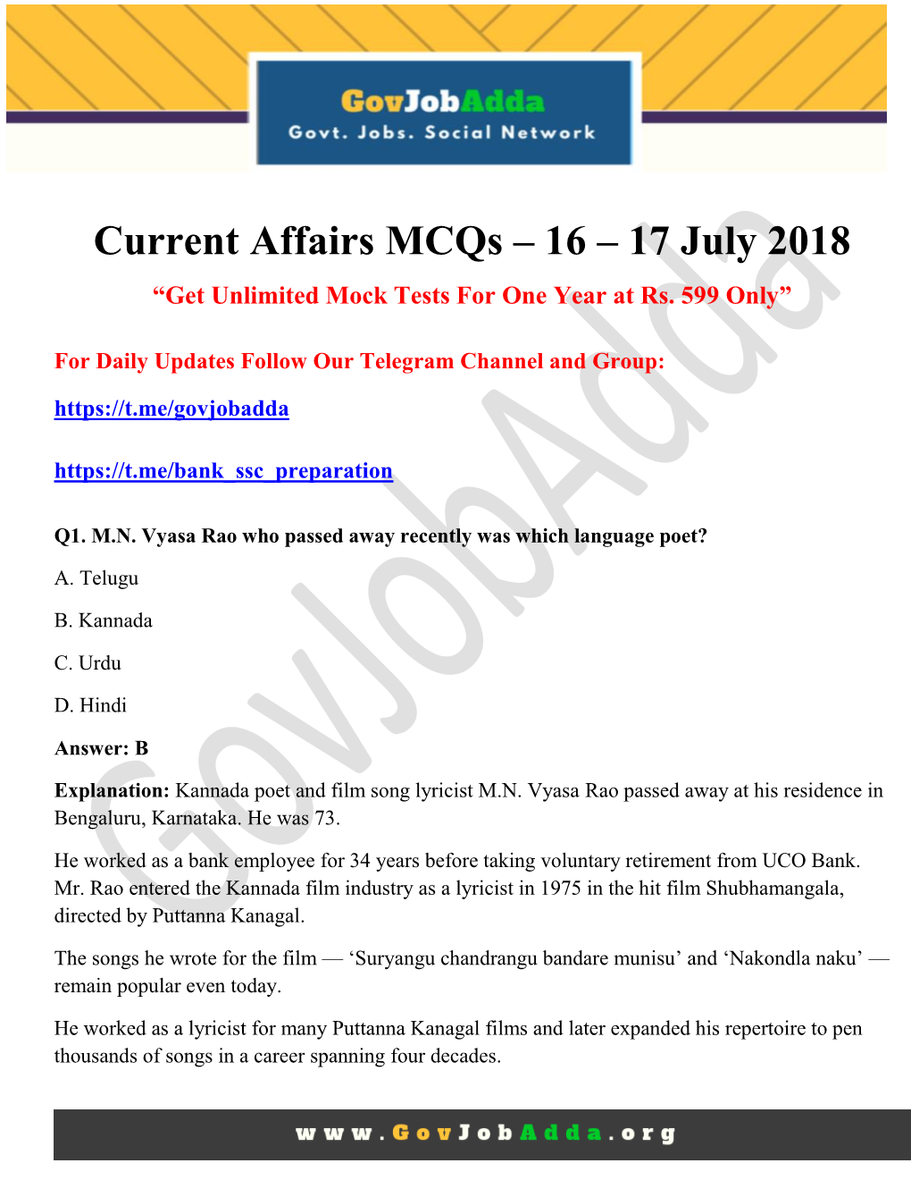 Current Affairs Mcqs – 16 – 17 July 2018 “Get Unlimited Mock Tests for One Year at Rs