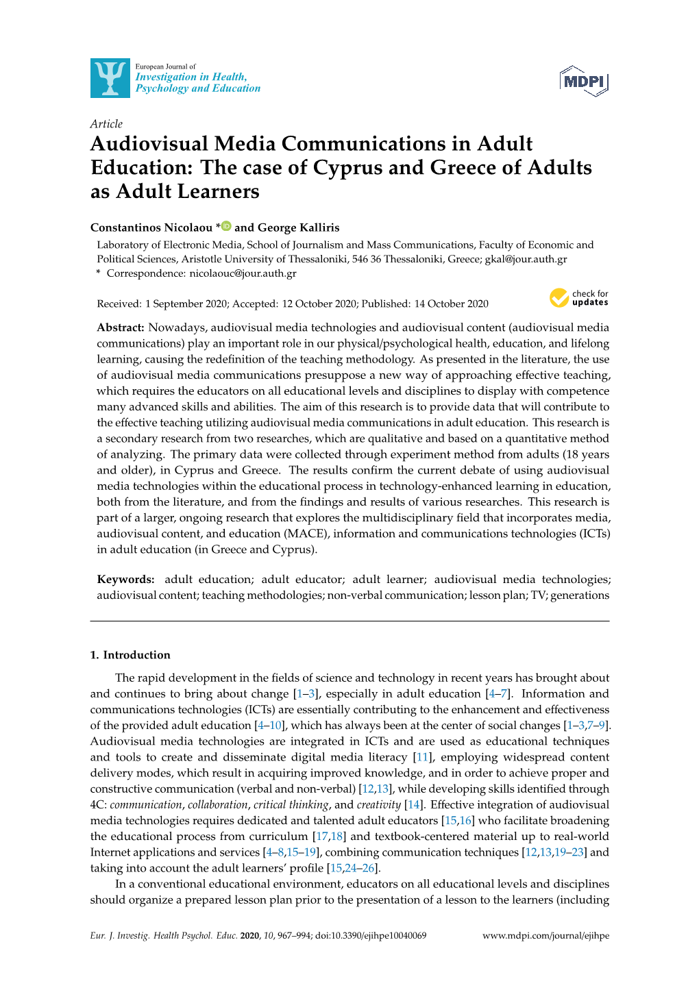 Audiovisual Media Communications in Adult Education: the Case of Cyprus and Greece of Adults As Adult Learners