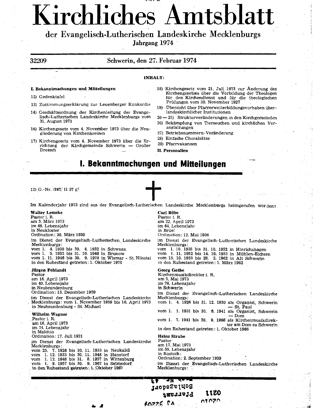 Kirchliches Amtsblatt Der Evangelisch-Lutherischen Landeskirche Mecklenburgs Jahrgang 1974 ·