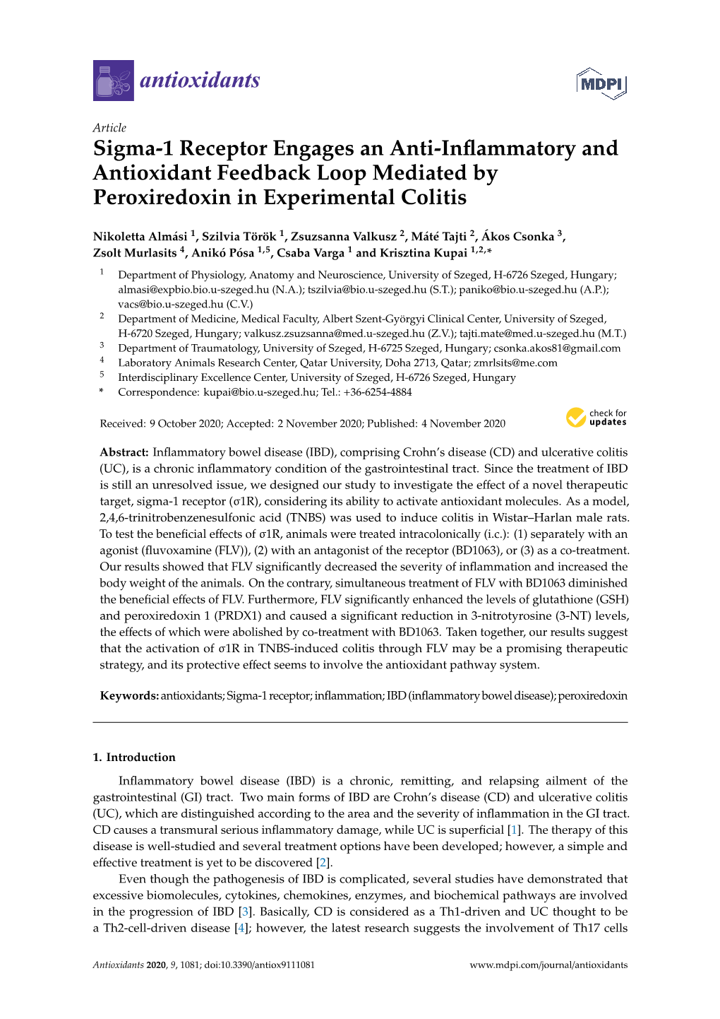 Sigma-1 Receptor Engages an Anti-Inflammatory and Antioxidant