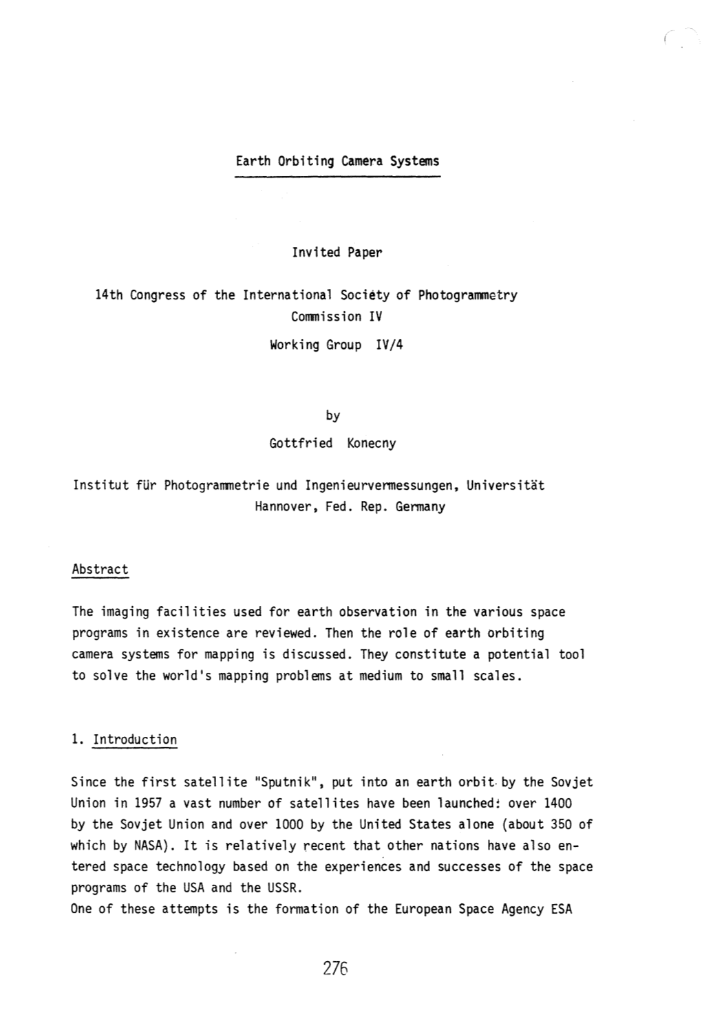 Earth Orbiting Camera Systems Invited Paper 14Th Congress of The