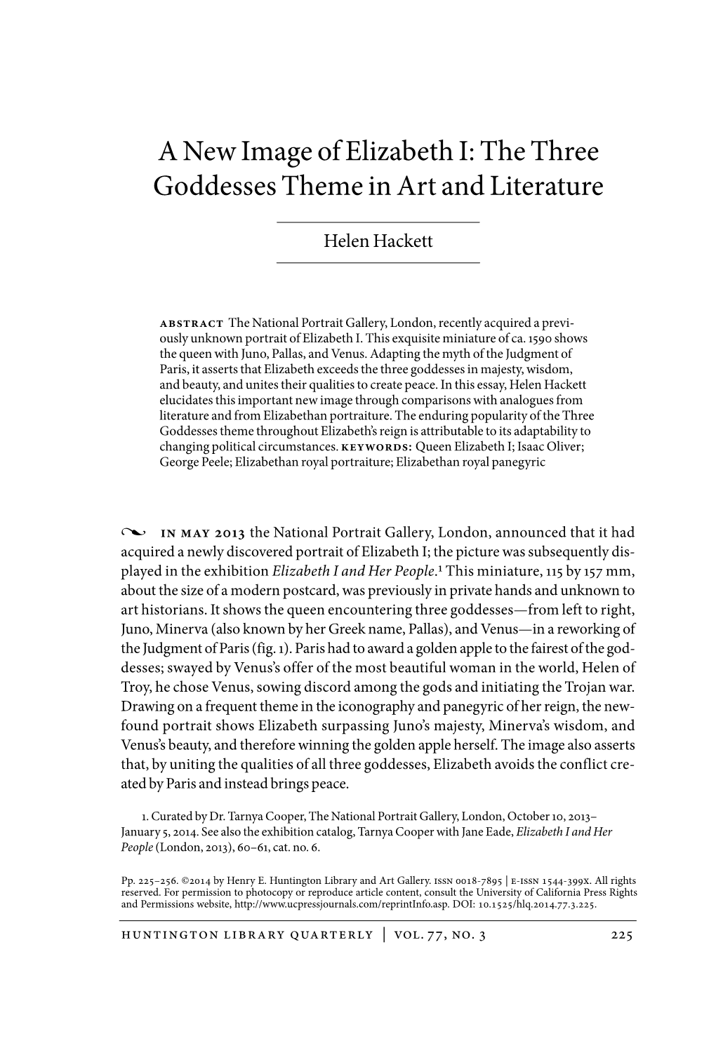 A New Image of Elizabeth I: the Three Goddesses Theme in Art and Literature